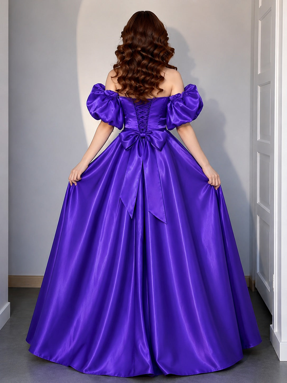 Women's Royal Purple Off-Shoulder Puff Sleeve Satin Ball Gown | Premium Evening Party Wear Maxi Dress