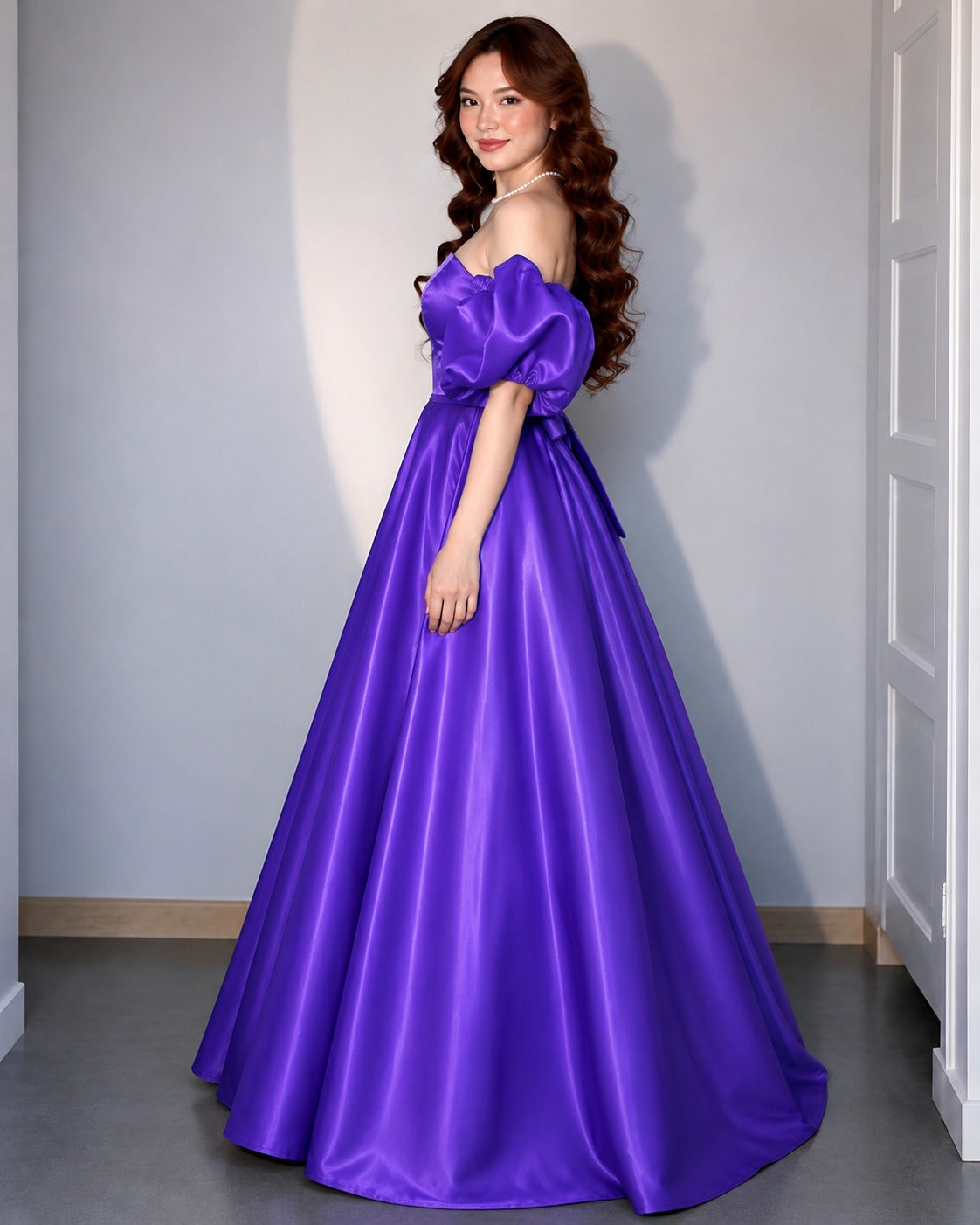 Women's Royal Purple Off-Shoulder Puff Sleeve Satin Ball Gown | Premium Evening Party Wear Maxi Dress