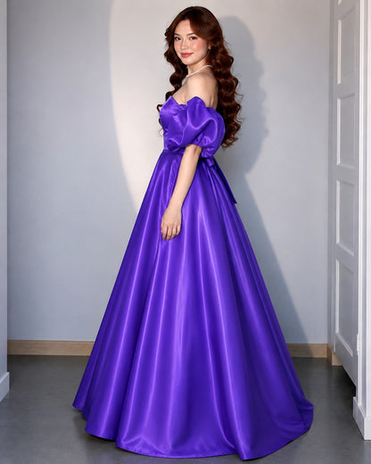 Women's Royal Purple Off-Shoulder Puff Sleeve Satin Ball Gown | Premium Evening Party Wear Maxi Dress