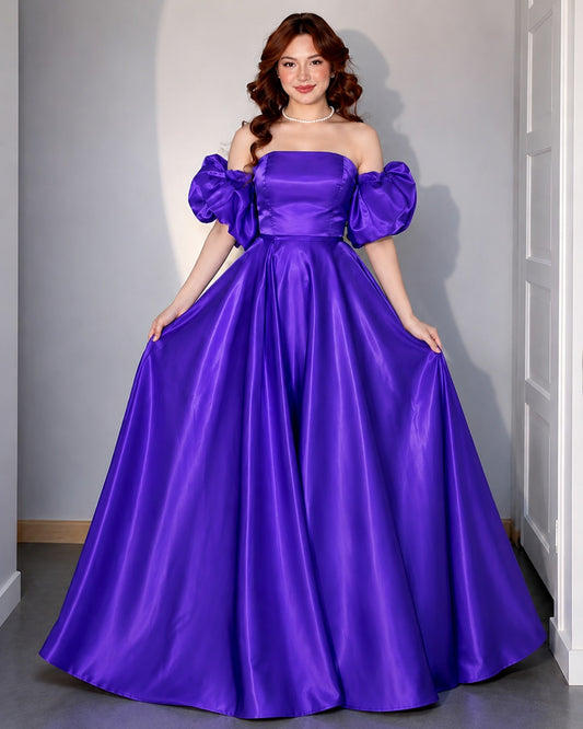 Women's Royal Purple Off-Shoulder Puff Sleeve Satin Ball Gown | Premium Evening Party Wear Maxi Dress