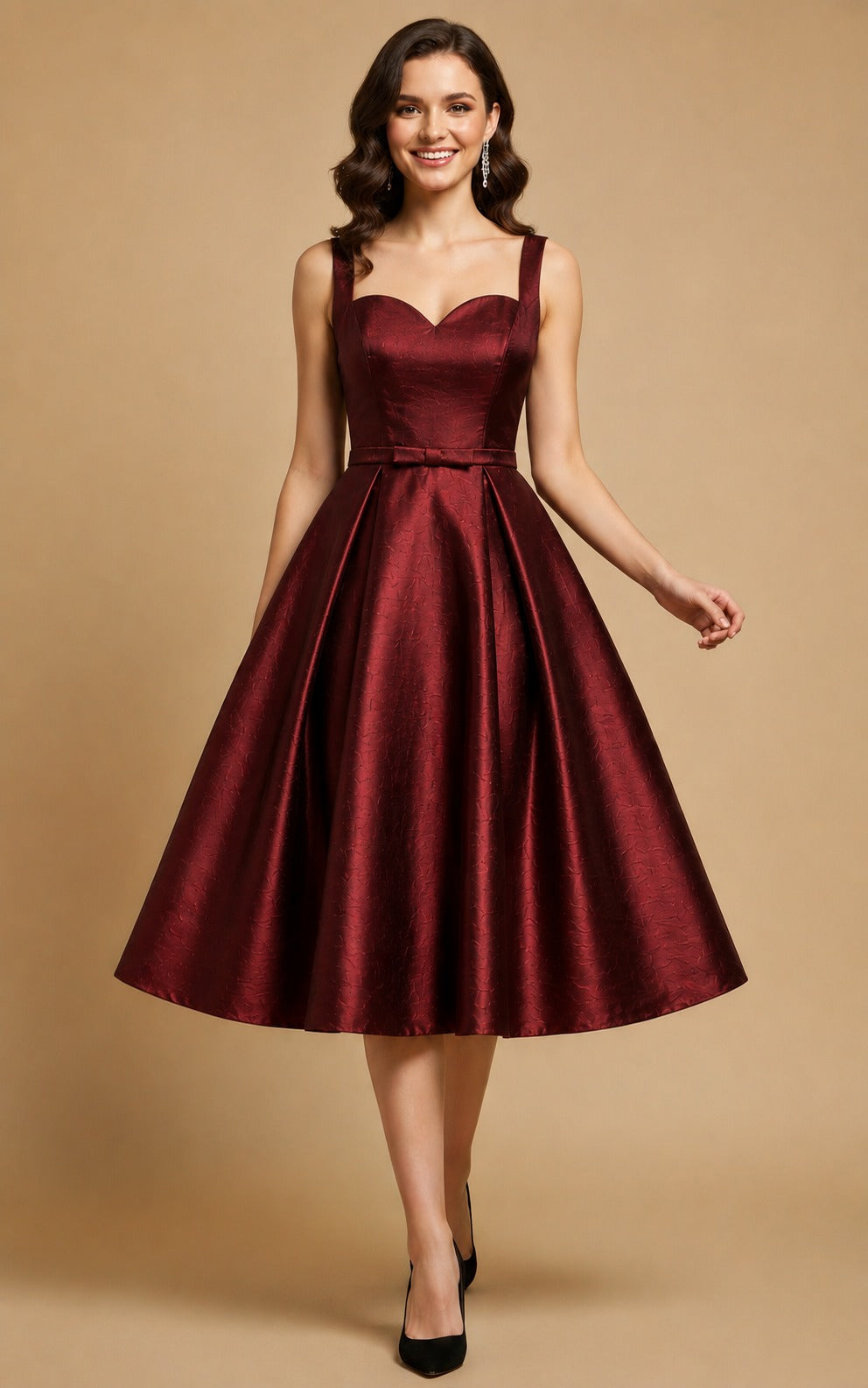 Women's Wine Satin Fit & Flare Midi Dress | Sweetheart Neck A-Line Party Wear Dress