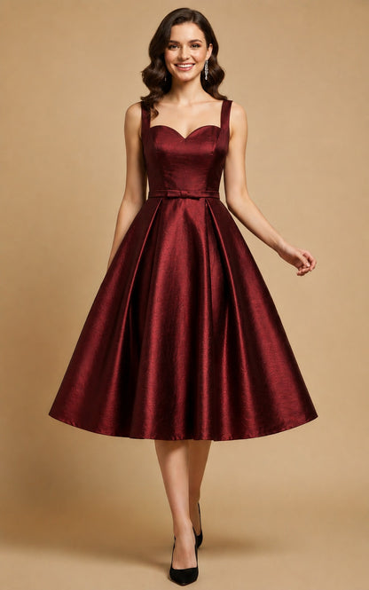Women's Wine Satin Fit & Flare Midi Dress | Sweetheart Neck A-Line Party Wear Dress