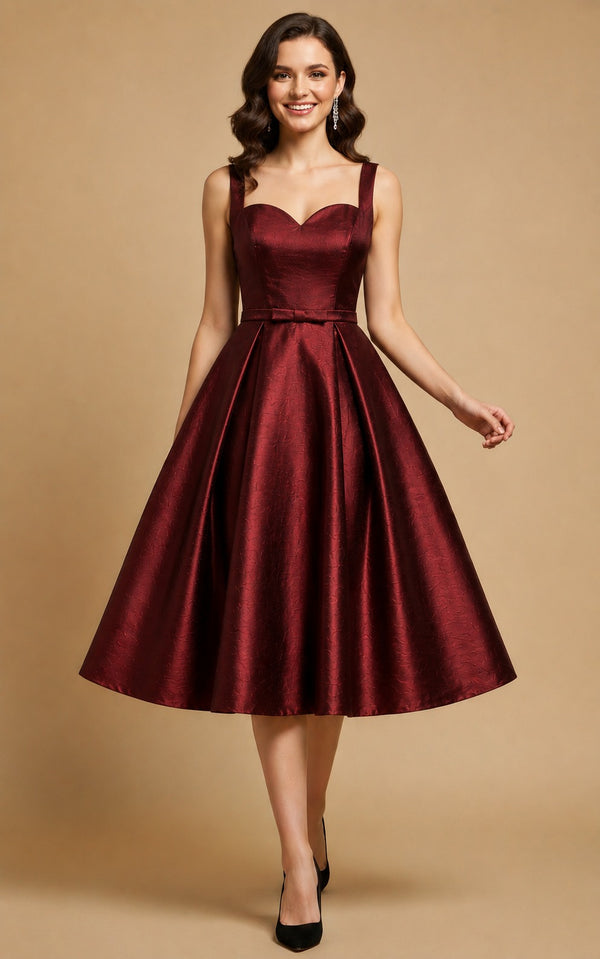 Women's Wine Satin Fit & Flare Midi Dress | Sweetheart Neck A-Line Party Wear Dress