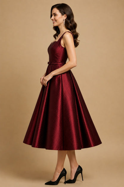 Women's Wine Satin Fit & Flare Midi Dress | Sweetheart Neck A-Line Party Wear Dress