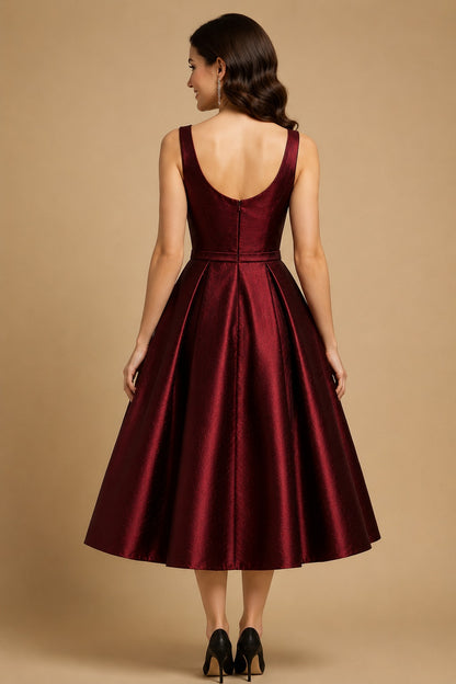 Women's Wine Satin Fit & Flare Midi Dress | Sweetheart Neck A-Line Party Wear Dress
