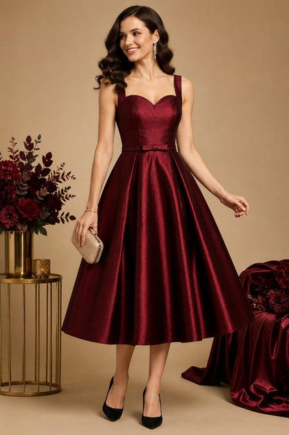 Women's Wine Satin Fit & Flare Midi Dress | Sweetheart Neck A-Line Party Wear Dress