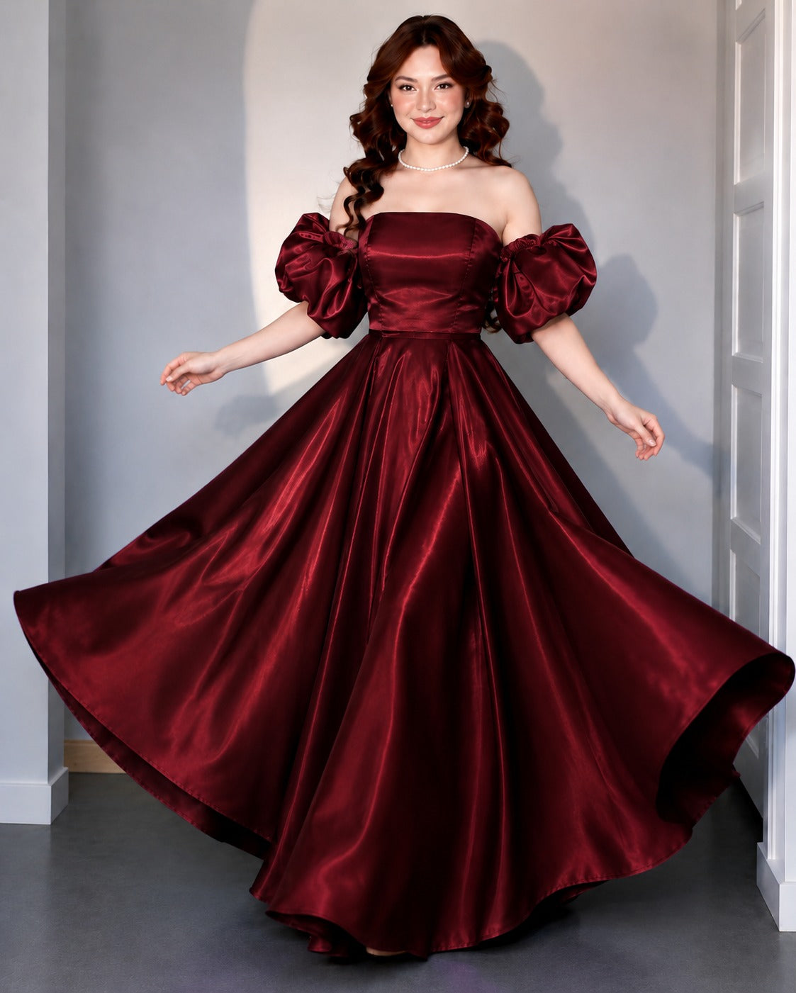 Women's Wine Off-Shoulder Puff Sleeve Satin Ball Gown | Premium Evening Party Wear Maxi Dress