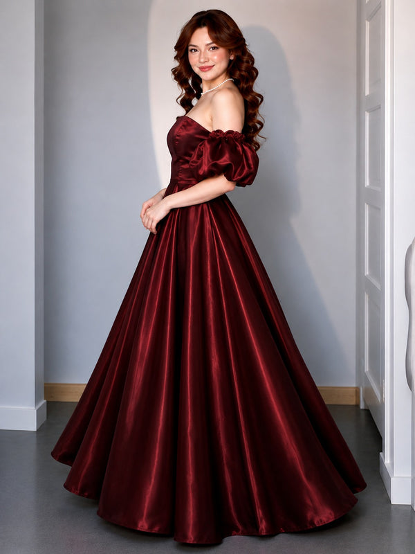 Women's Wine Off-Shoulder Puff Sleeve Satin Ball Gown | Premium Evening Party Wear Maxi Dress