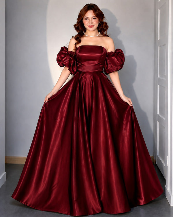 Women's Wine Off-Shoulder Puff Sleeve Satin Ball Gown | Premium Evening Party Wear Maxi Dress