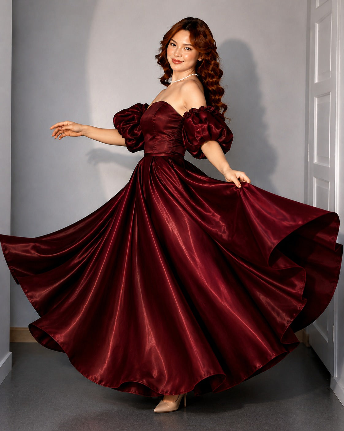 Women's Wine Off-Shoulder Puff Sleeve Satin Ball Gown | Premium Evening Party Wear Maxi Dress