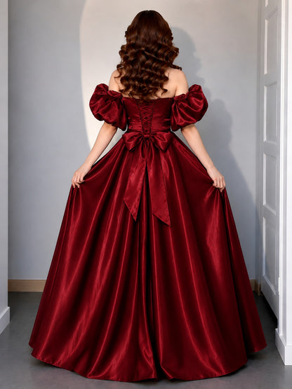 Women's Wine Off-Shoulder Puff Sleeve Satin Ball Gown | Premium Evening Party Wear Maxi Dress
