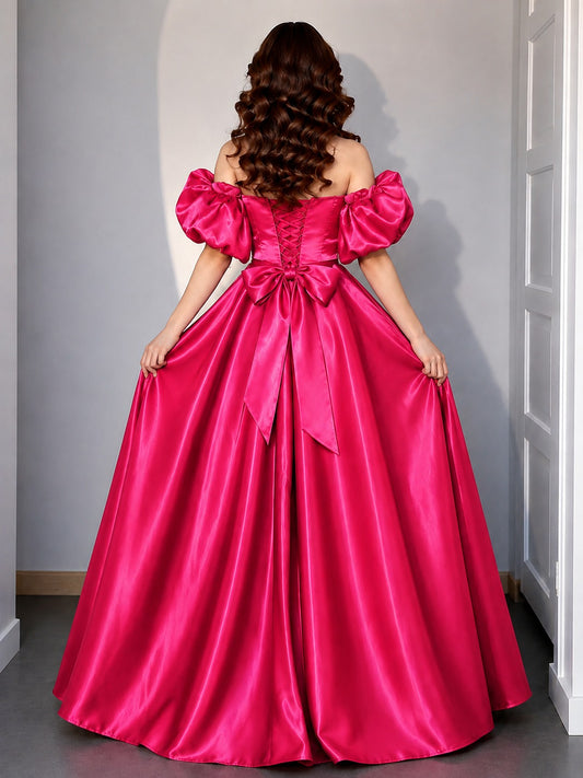 Women's Hot Pink Off-Shoulder Puff Sleeve Satin Ball Gown | Premium Party Wear Maxi Dress