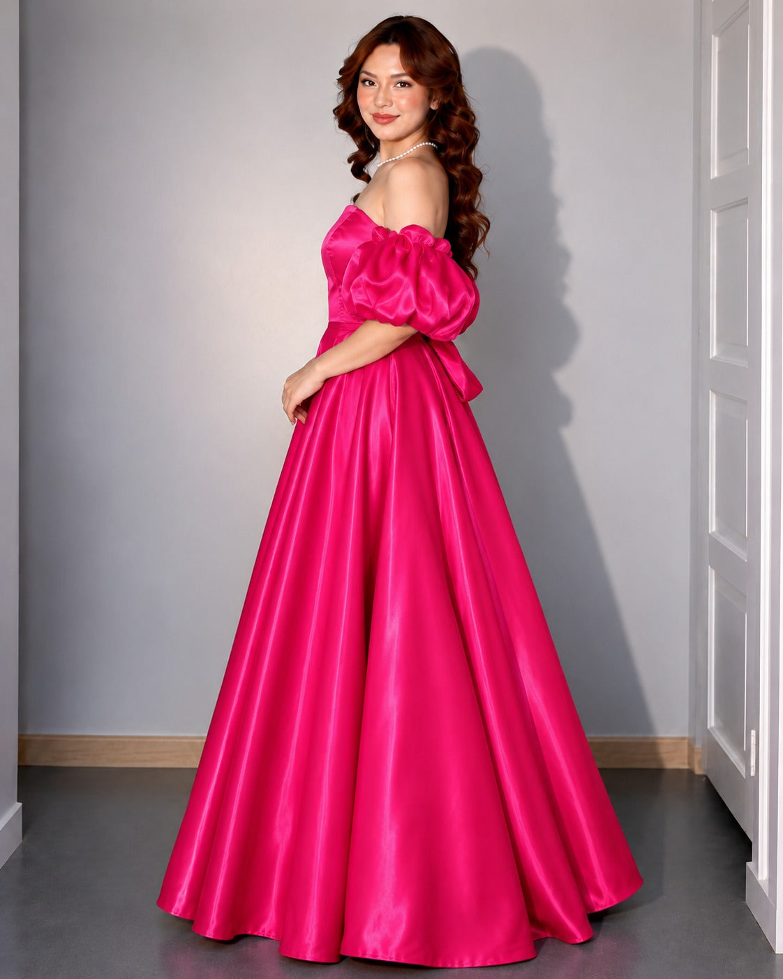 Women's Hot Pink Off-Shoulder Puff Sleeve Satin Ball Gown | Premium Party Wear Maxi Dress