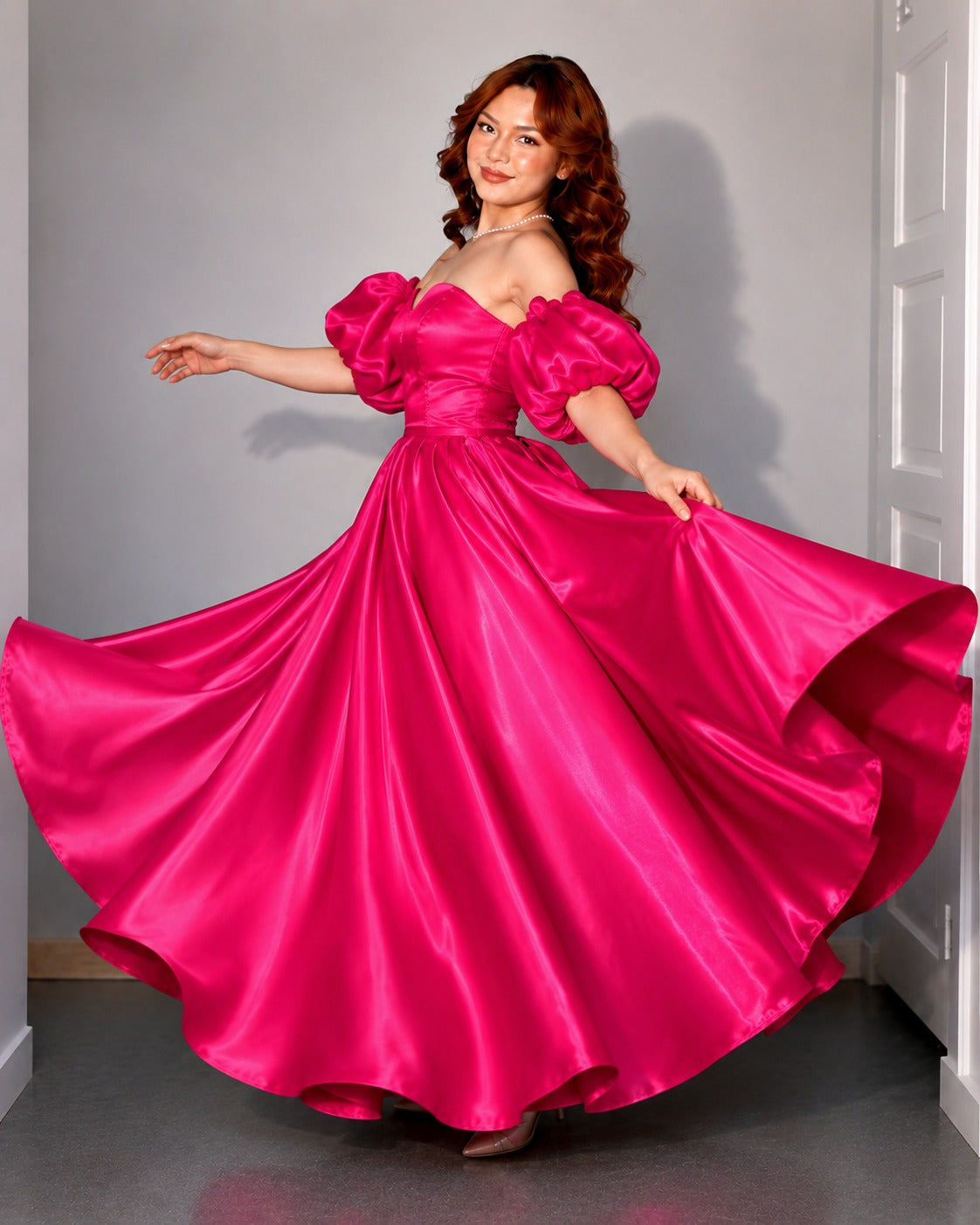 Women's Hot Pink Off-Shoulder Puff Sleeve Satin Ball Gown | Premium Party Wear Maxi Dress