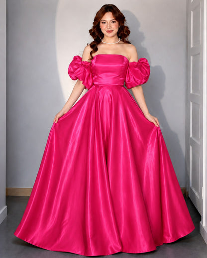 Women's Hot Pink Off-Shoulder Puff Sleeve Satin Ball Gown | Premium Party Wear Maxi Dress