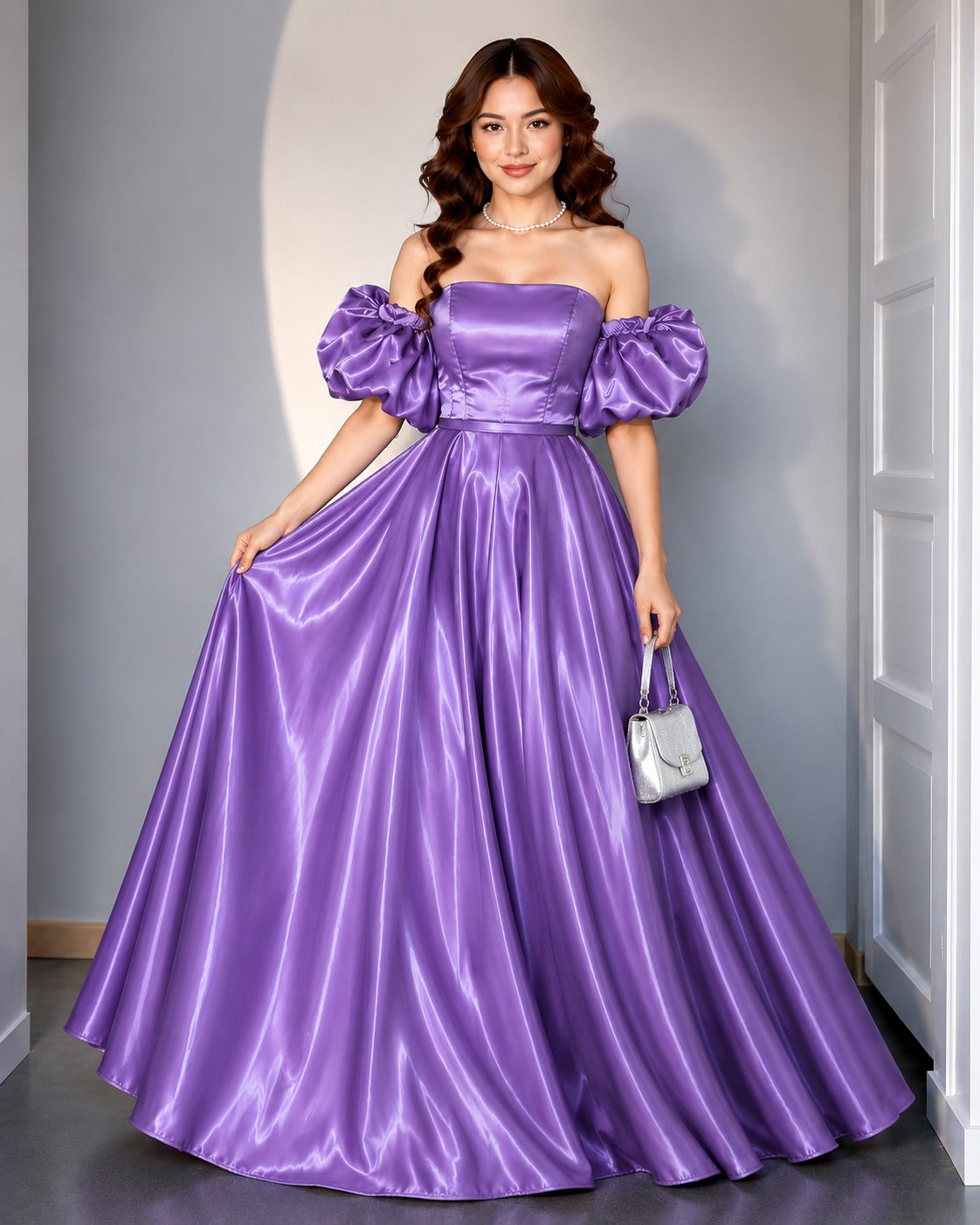 Women's Lavender Off-Shoulder Puff Sleeve Satin Ball Gown | Premium Party Wear Maxi Dress