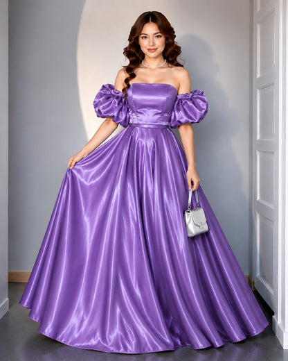 Women's Lavender Off-Shoulder Puff Sleeve Satin Ball Gown | Premium Party Wear Maxi Dress