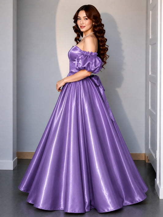 Women's Lavender Off-Shoulder Puff Sleeve Satin Ball Gown | Premium Party Wear Maxi Dress