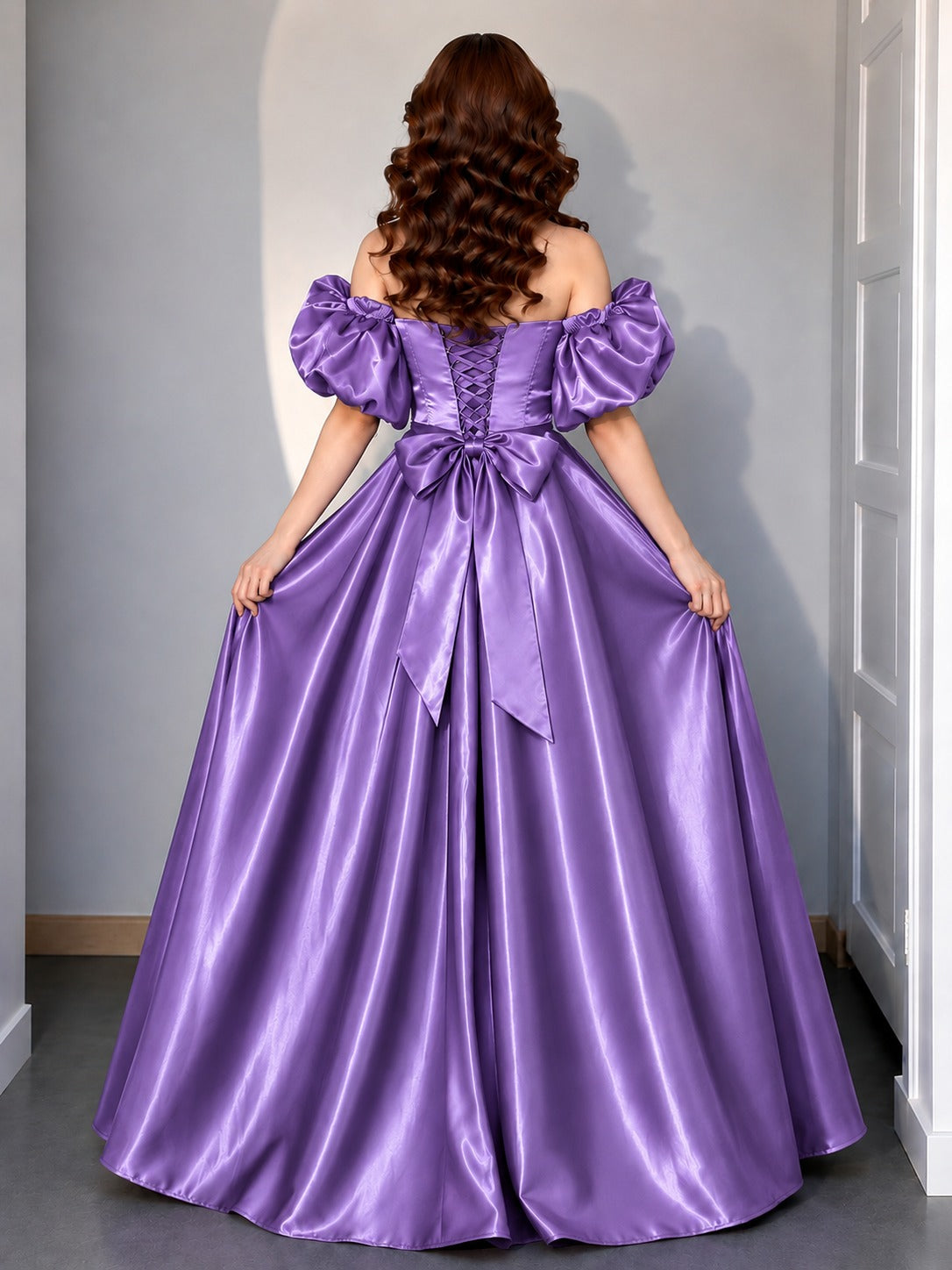 Women's Lavender Off-Shoulder Puff Sleeve Satin Ball Gown | Premium Party Wear Maxi Dress
