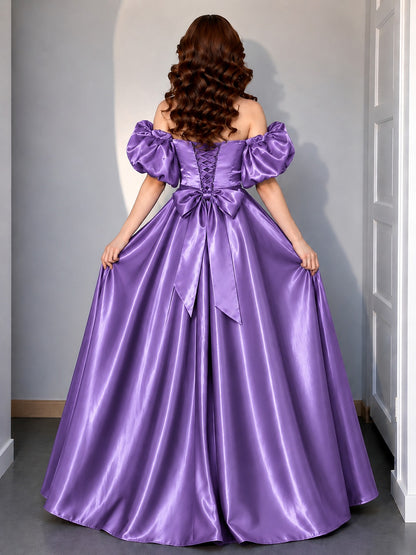Women's Lavender Off-Shoulder Puff Sleeve Satin Ball Gown | Premium Party Wear Maxi Dress