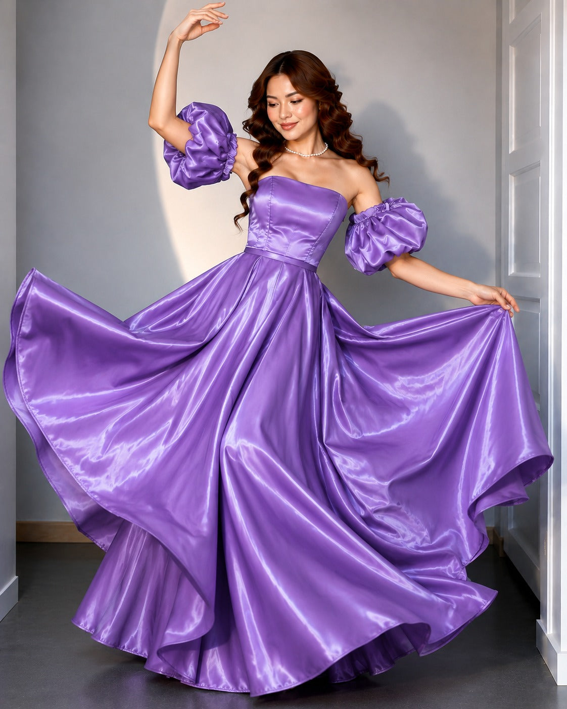 Women's Lavender Off-Shoulder Puff Sleeve Satin Ball Gown | Premium Party Wear Maxi Dress