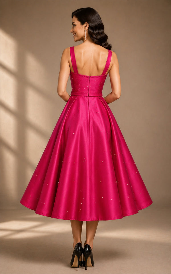 Women's Hot Pink Satin Fit & Flare Midi Dress | Sweetheart Neck Party Wear A-Line Dress