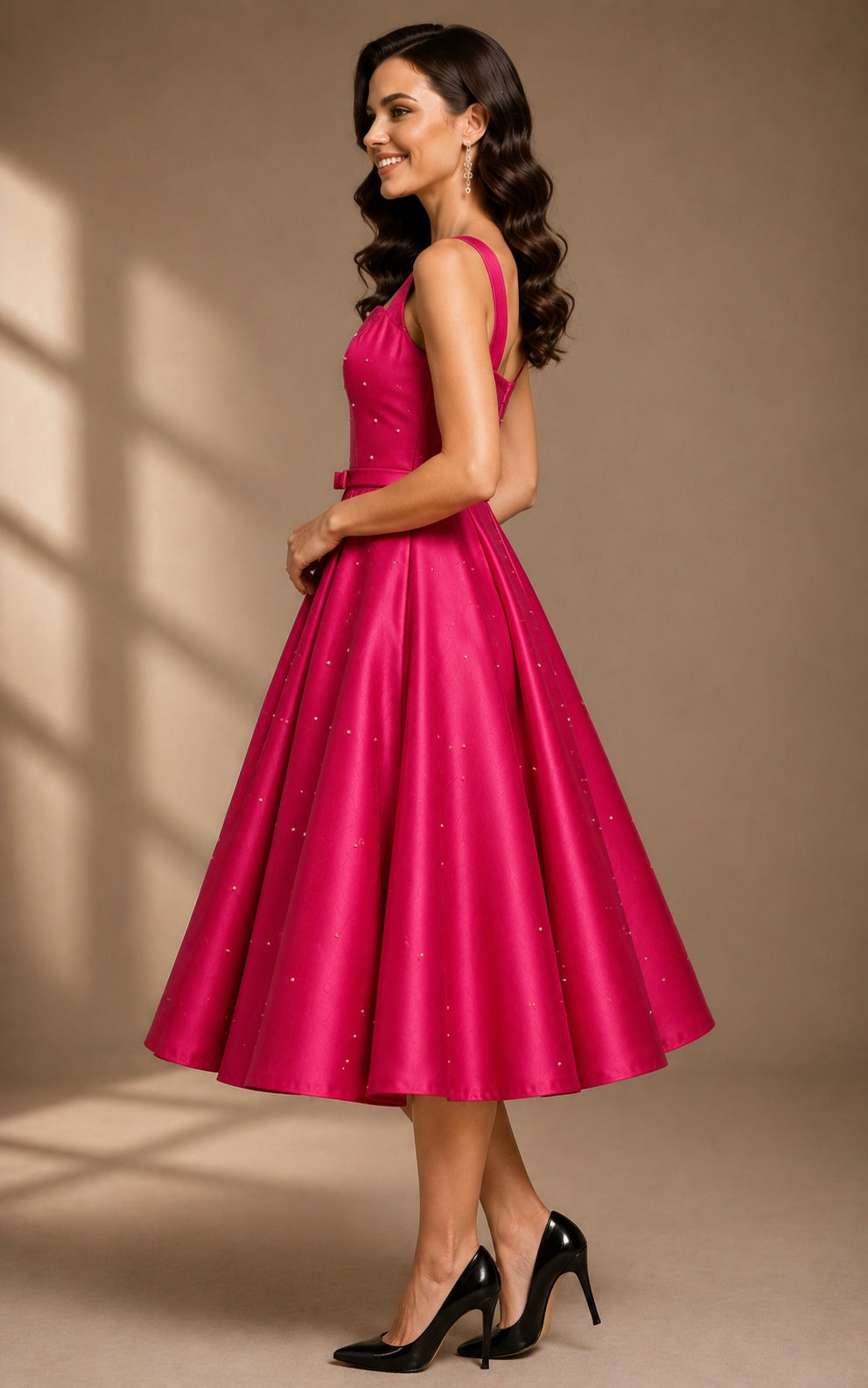 Women's Hot Pink Satin Fit & Flare Midi Dress | Sweetheart Neck Party Wear A-Line Dress