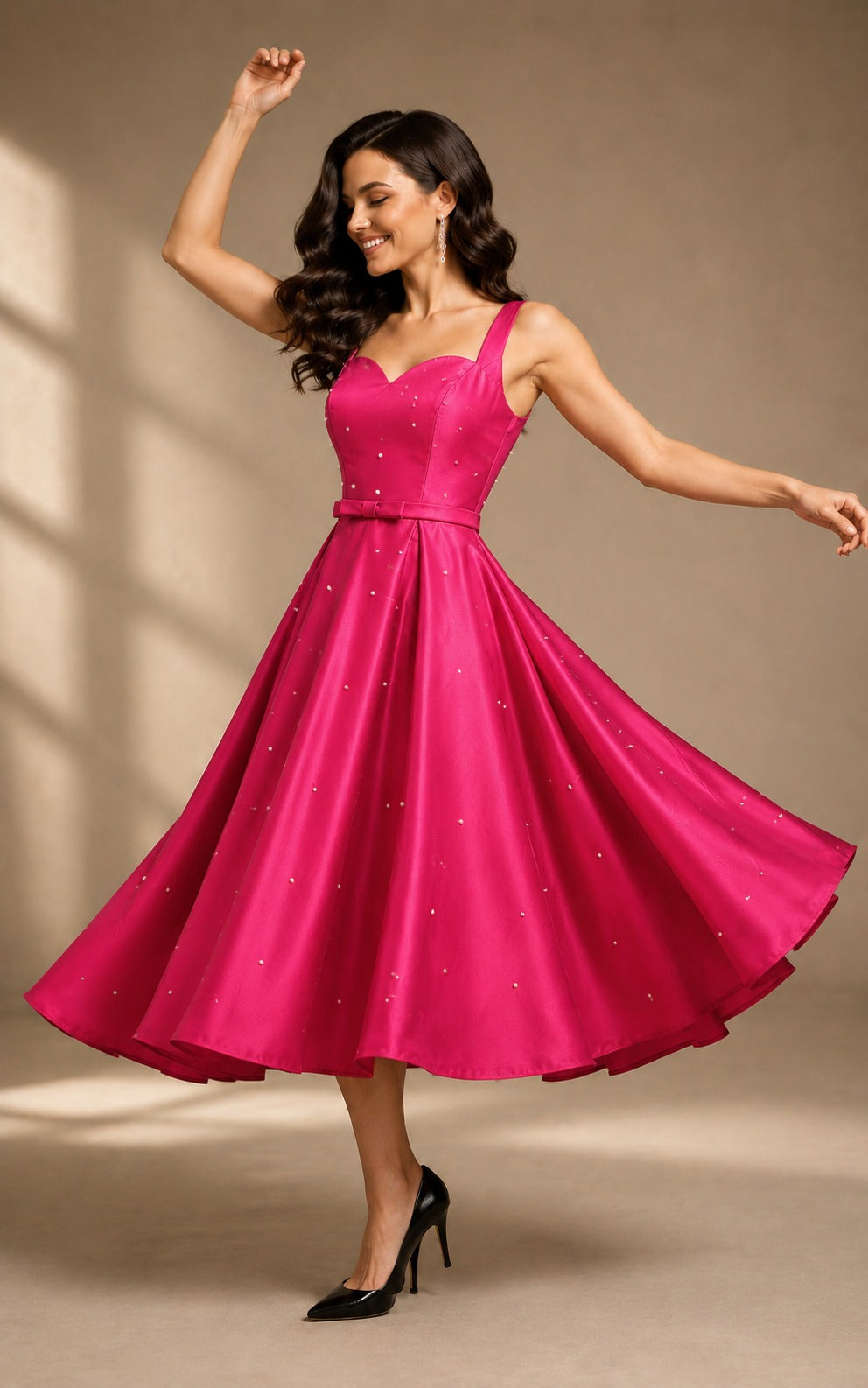 Women's Hot Pink Satin Fit & Flare Midi Dress | Sweetheart Neck Party Wear A-Line Dress