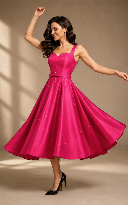 Women's Hot Pink Satin Fit & Flare Midi Dress | Sweetheart Neck Party Wear A-Line Dress