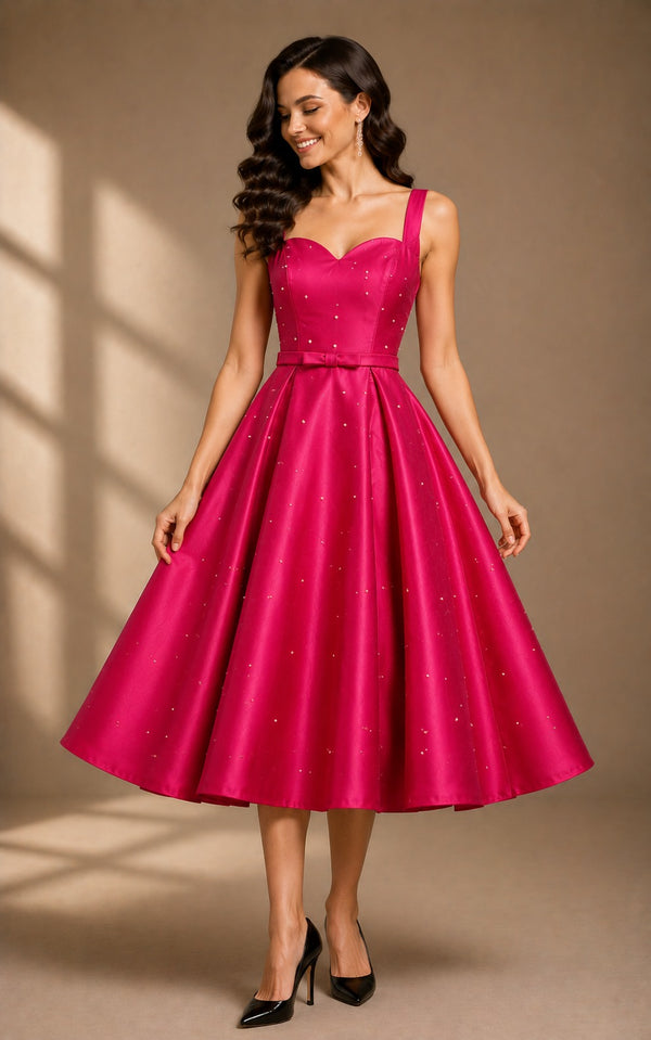 Women's Hot Pink Satin Fit & Flare Midi Dress | Sweetheart Neck Party Wear A-Line Dress