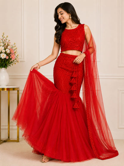 Women's Red Embroidered Mermaid Lehenga Set with Sleeveless Blouse & Net Dupatta | Party Wear Ethnic Wear