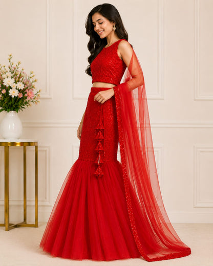 Women's Red Embroidered Mermaid Lehenga Set with Sleeveless Blouse & Net Dupatta | Party Wear Ethnic Wear