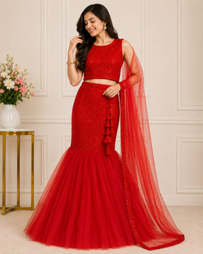 Women's Red Embroidered Mermaid Lehenga Set with Sleeveless Blouse & Net Dupatta | Party Wear Ethnic Wear