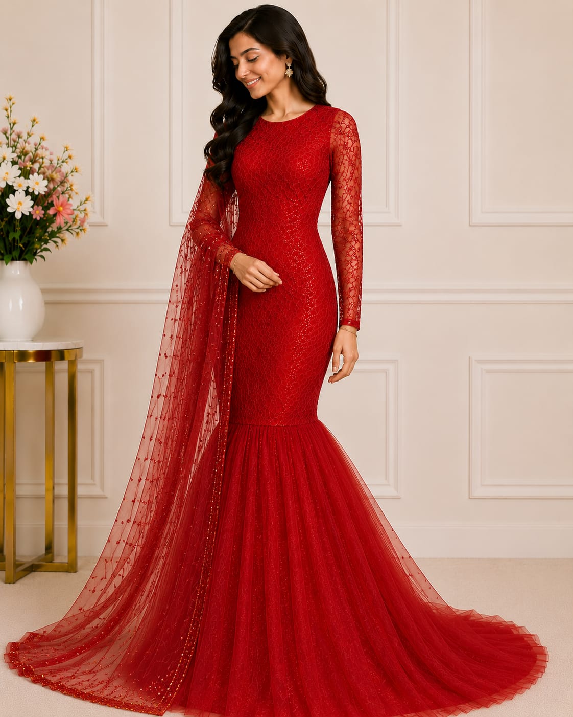 Women's Red Embroidered Mermaid Gown with Full Sleeves| Designer Party Wear Ethnic Dress