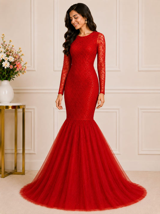 Women's Red Embroidered Mermaid Gown with Full Sleeves| Designer Party Wear Ethnic Dress