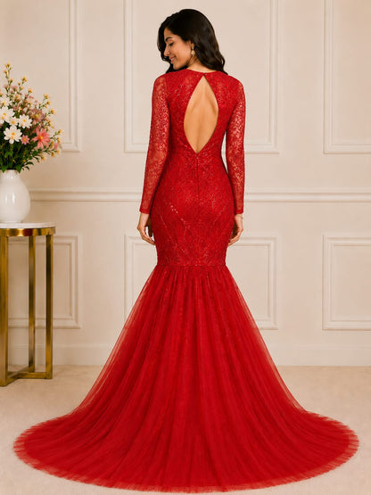 Women's Red Embroidered Mermaid Gown with Full Sleeves| Designer Party Wear Ethnic Dress