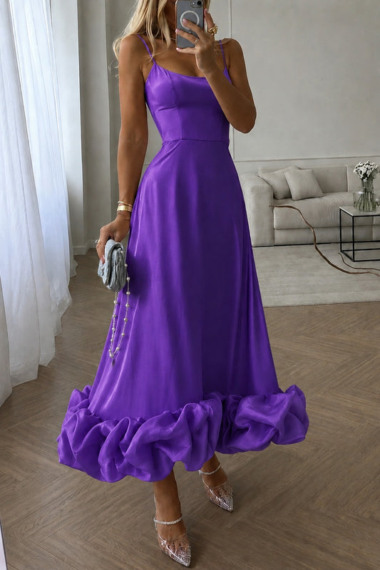 Women's Royal Purple Satin Maxi Dress | Spaghetti Strap Fit & Flare Evening Gown with Ruffle Hem
