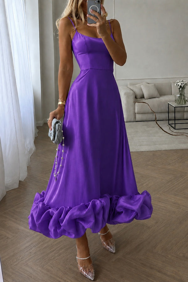 Women's Royal Purple Satin Maxi Dress | Spaghetti Strap Fit & Flare Evening Gown with Ruffle Hem