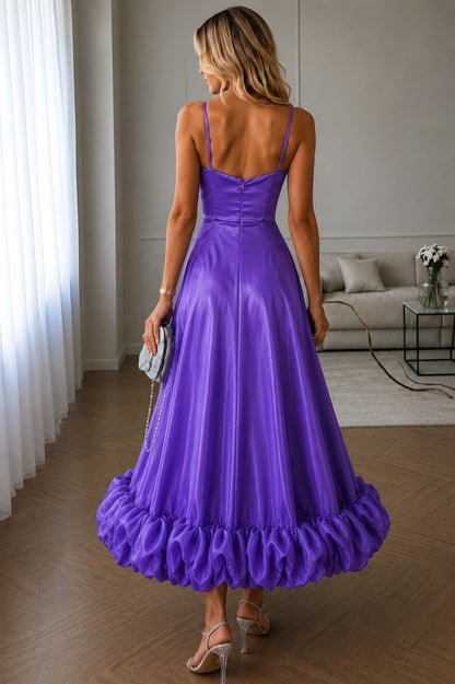 Women's Royal Purple Satin Maxi Dress | Spaghetti Strap Fit & Flare Evening Gown with Ruffle Hem