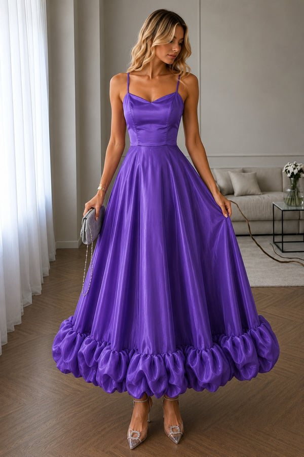 Women's Royal Purple Satin Maxi Dress | Spaghetti Strap Fit & Flare Evening Gown with Ruffle Hem