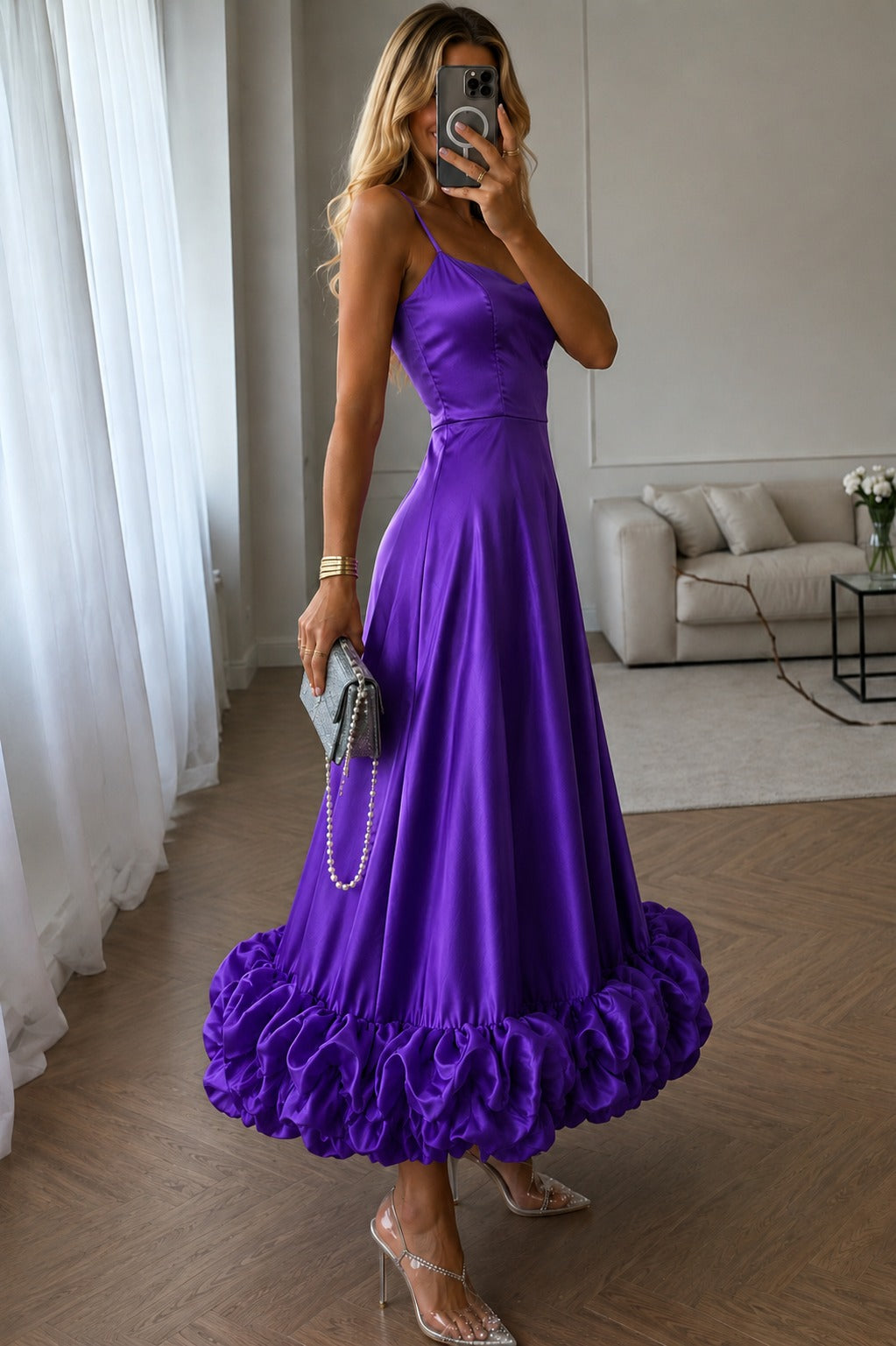 Women's Royal Purple Satin Maxi Dress | Spaghetti Strap Fit & Flare Evening Gown with Ruffle Hem