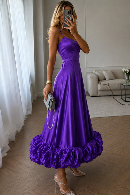 Women's Royal Purple Satin Maxi Dress | Spaghetti Strap Fit & Flare Evening Gown with Ruffle Hem