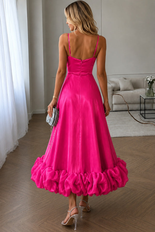 Women's Hot Pink Satin Maxi Dress | Spaghetti Strap Fit & Flare Evening Gown with Statement Ruffle Hem
