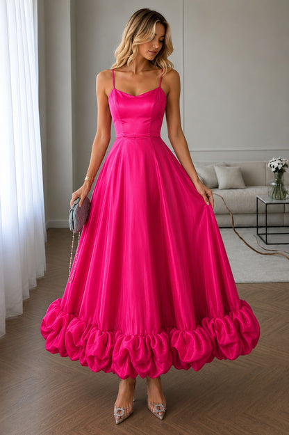 Women's Hot Pink Satin Maxi Dress | Spaghetti Strap Fit & Flare Evening Gown with Statement Ruffle Hem