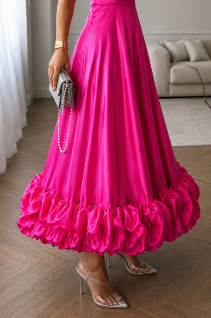 Women's Hot Pink Satin Maxi Dress | Spaghetti Strap Fit & Flare Evening Gown with Statement Ruffle Hem