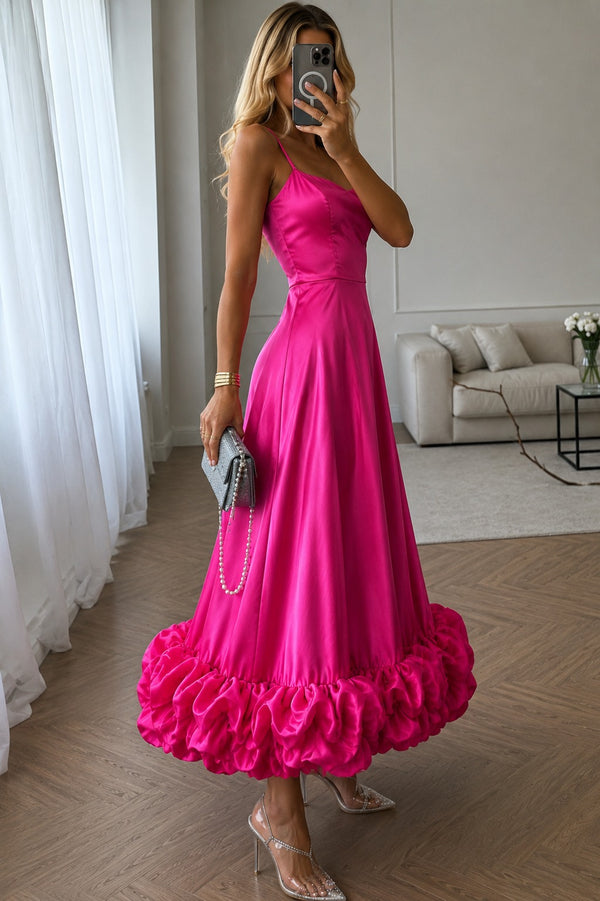 Women's Hot Pink Satin Maxi Dress | Spaghetti Strap Fit & Flare Evening Gown with Statement Ruffle Hem