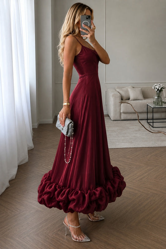 Women's Wine Satin Maxi Dress | Spaghetti Strap Fit & Flare Evening Gown with Statement Ruffle Hem