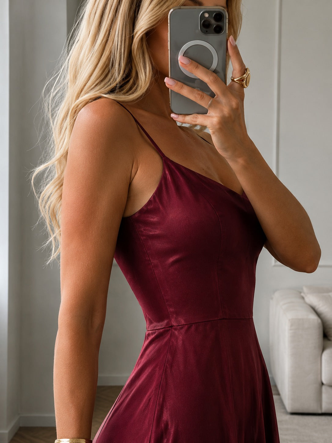 Women's Wine Satin Maxi Dress | Spaghetti Strap Fit & Flare Evening Gown with Statement Ruffle Hem