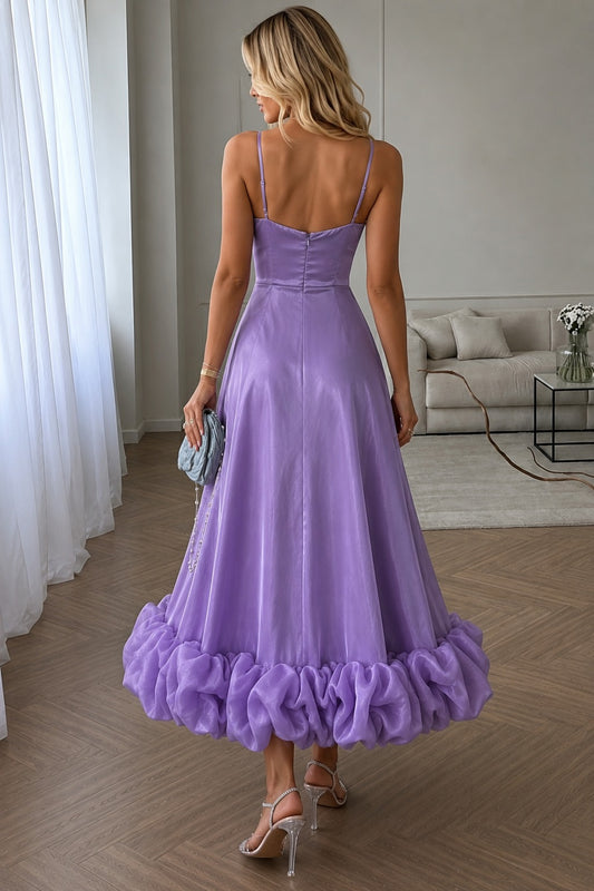 Women's Lavender Satin Maxi Dress | Spaghetti Strap Fit & Flare Evening Gown with Statement Ruffle Hem