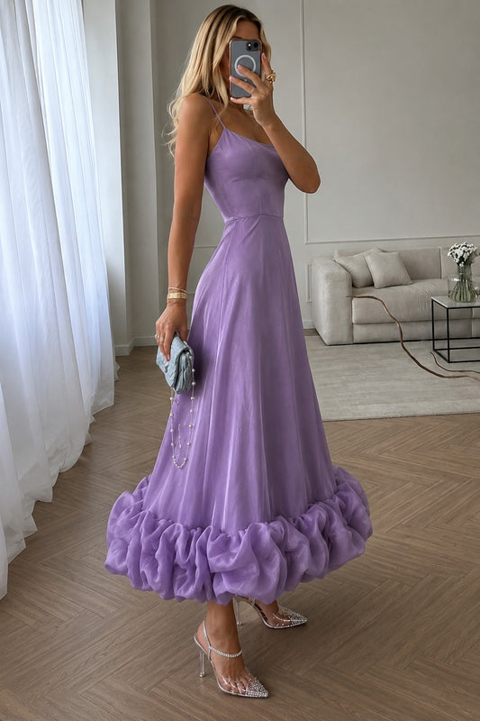 Women's Lavender Satin Maxi Dress | Spaghetti Strap Fit & Flare Evening Gown with Statement Ruffle Hem